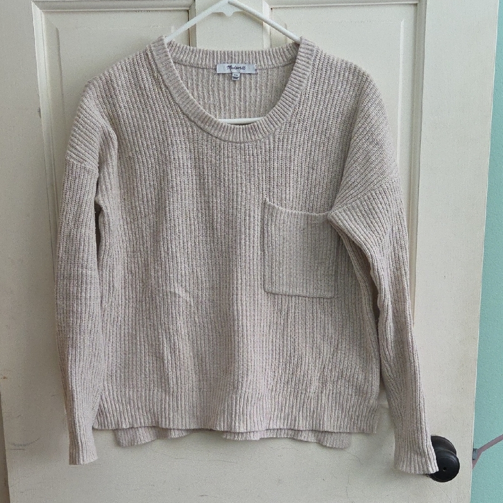Cream Ribbed Knit Sweater with Pocket